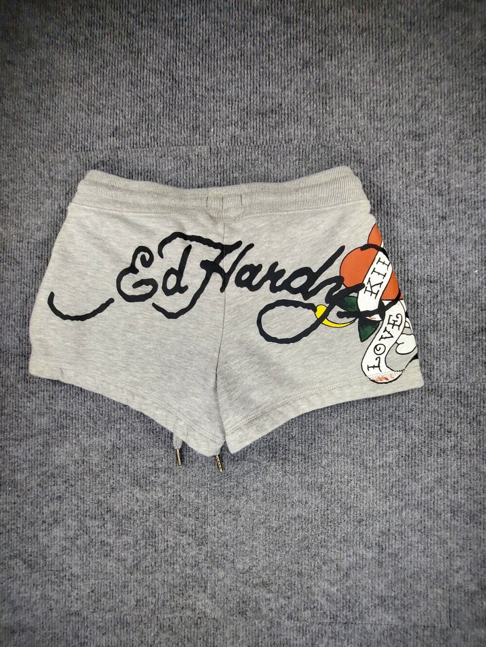 Vintage Y2K Ed Hardy Women Mini Sweatshorts Grey Graphic Tattoo Love Kills Small